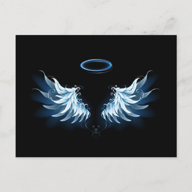 Blue Glowing Angel Wings on black background Postcard (Front)