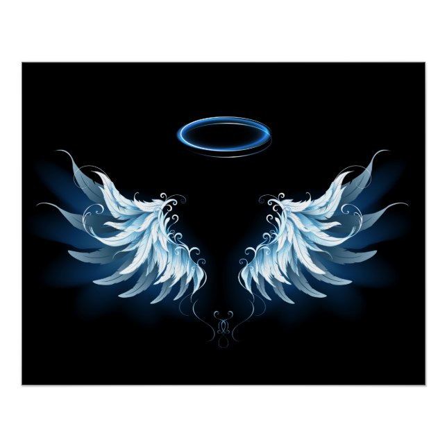 Blue Glowing Angel Wings on black background Poster (Front)