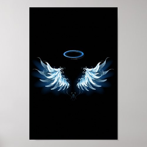 Blue Glowing Angel Wings on black background Poster