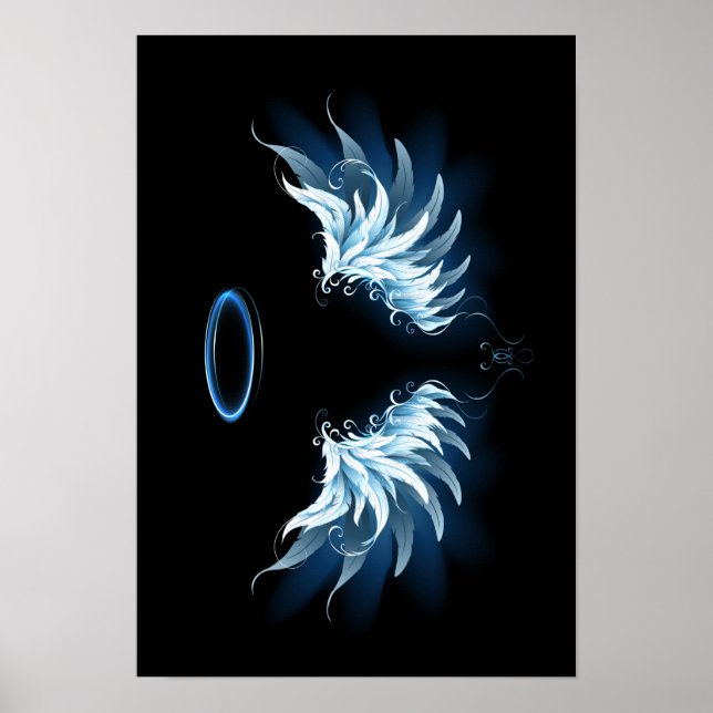 Blue Glowing Angel Wings on black background Poster (Front)