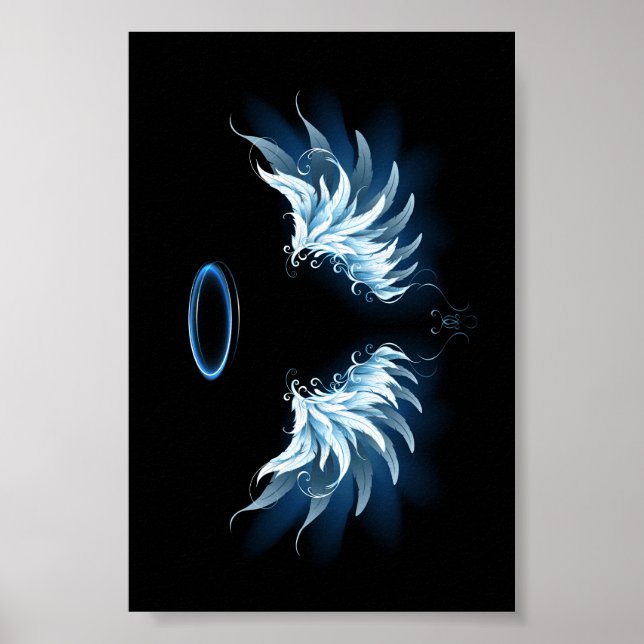 Blue Glowing Angel Wings on black background Poster (Front)