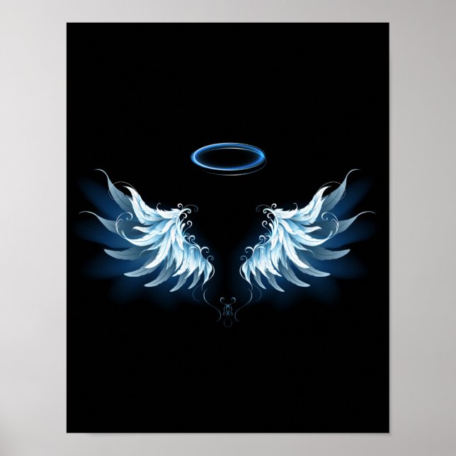 Blue Glowing Angel Wings on black background Poster (Front)