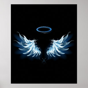Blue Glowing Angel Wings on black background Poster