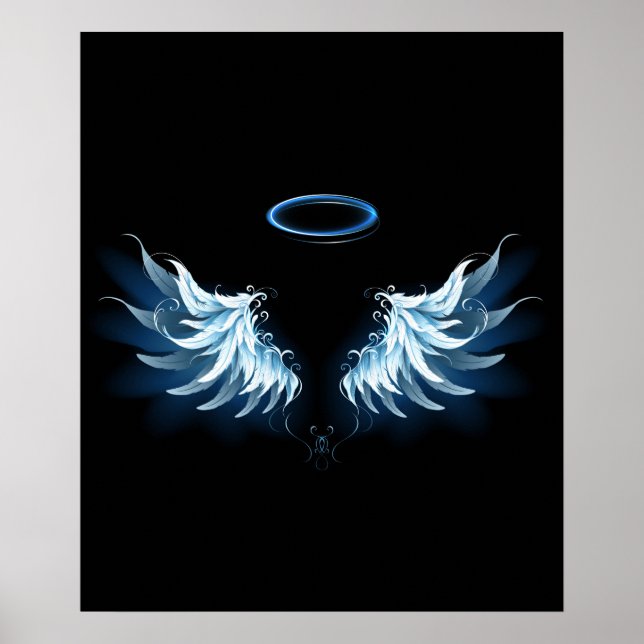 Blue Glowing Angel Wings on black background Poster (Front)