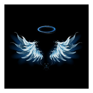 Blue Glowing Angel Wings on black background Poster