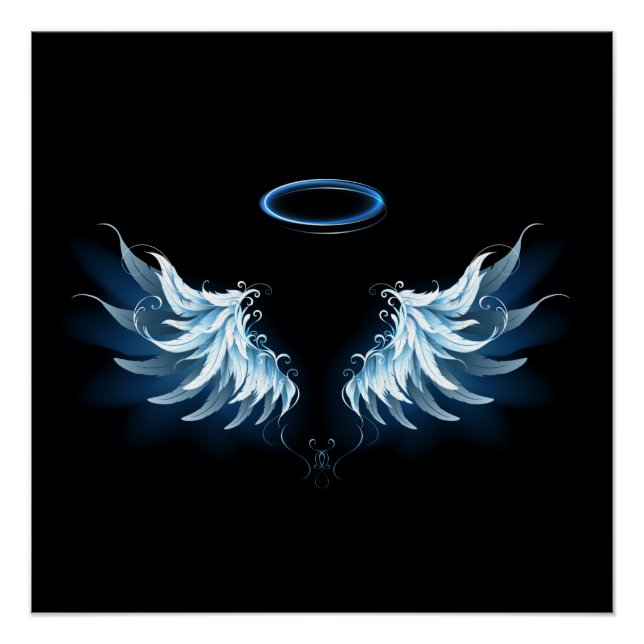 Blue Glowing Angel Wings on black background Poster (Front)