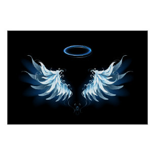Blue Glowing Angel Wings on black background Poster