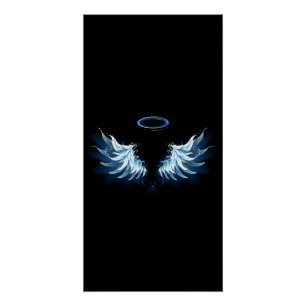 Blue Glowing Angel Wings on black background Poster