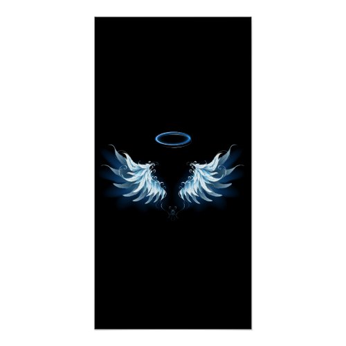 Blue Glowing Angel Wings on black background Poster