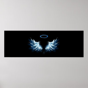 Blue Glowing Angel Wings on black background Poster