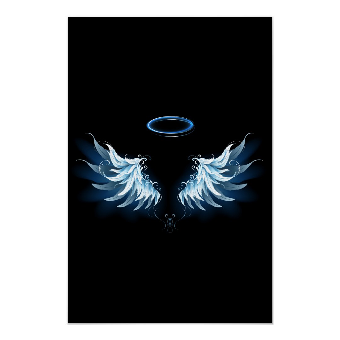 Blue Glowing Angel Wings On Black Background Poster Zazzle