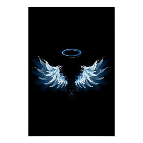 Blue Glowing Angel Wings on black background Poster