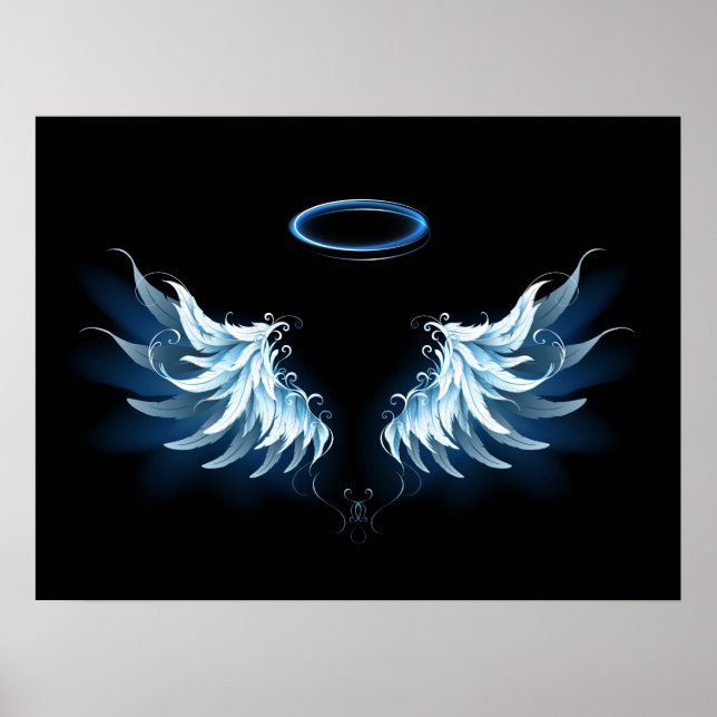 Blue Glowing Angel Wings on black background Poster (Front)