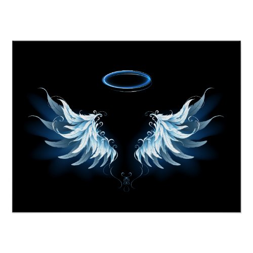 Blue Glowing Angel Wings on black background Poster