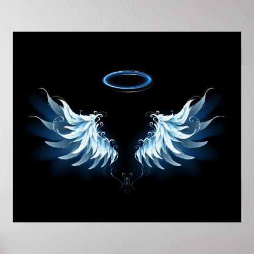 Blue Glowing Angel Wings on black background Poster