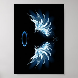 Blue Glowing Angel Wings on black background Poster