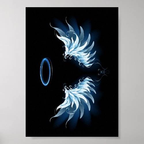 Blue Glowing Angel Wings on black background Poster