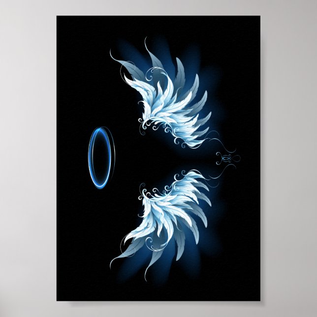 Blue Glowing Angel Wings on black background Poster (Front)