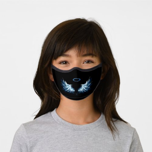 Blue Glowing Angel Wings on black background Premium Face Mask