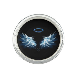 Blue Glowing Angel Wings on black background Ring