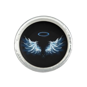 Blue Glowing Angel Wings On Black Background Ring by Blackmoon9 at Zazzle