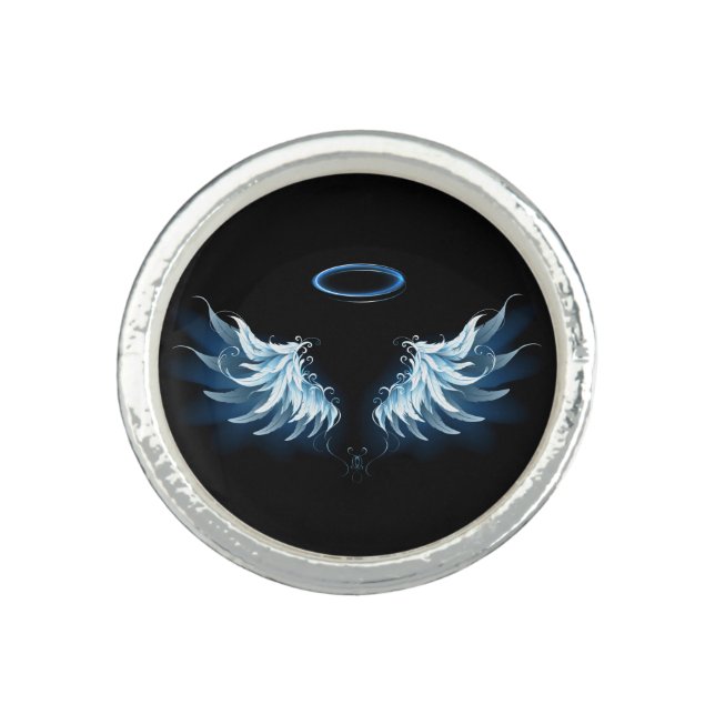 Blue Glowing Angel Wings on black background Ring (Front)