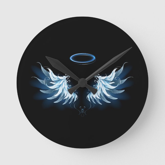 Blue Glowing Angel Wings on black background Round Clock (Front)