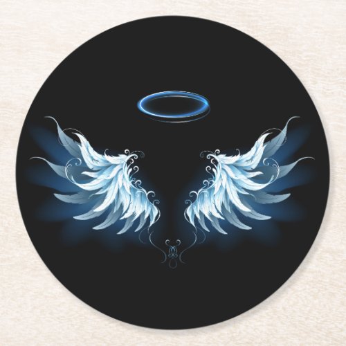 Blue Glowing Angel Wings on black background Round Paper Coaster