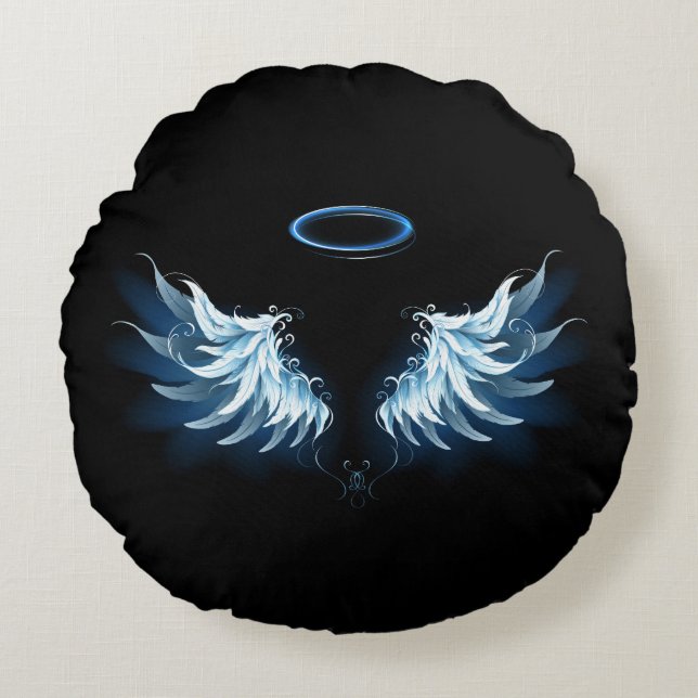 Blue Glowing Angel Wings on black background Round Pillow (Front)