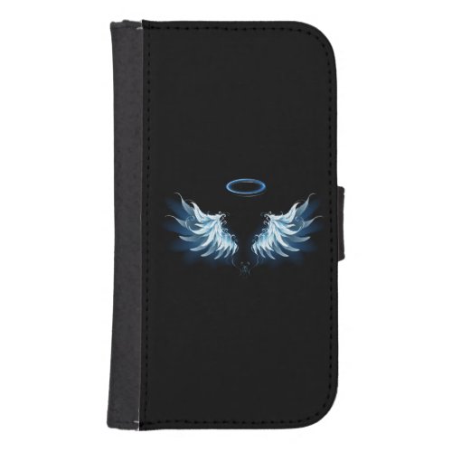 Blue Glowing Angel Wings on black background Galaxy S4 Wallet Case