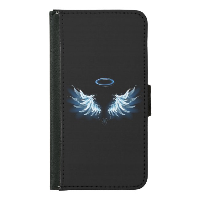 Blue Glowing Angel Wings on black background Samsung Galaxy Wallet Case (Front)