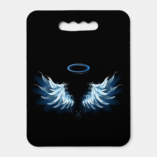 Blue Glowing Angel Wings on black background Seat Cushion (Front Vertical)