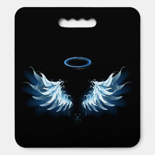 Blue Glowing Angel Wings on black background Seat Cushion
