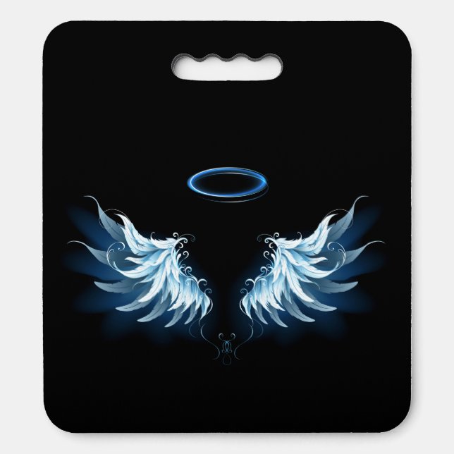 Blue Glowing Angel Wings on black background Seat Cushion (Front Vertical)