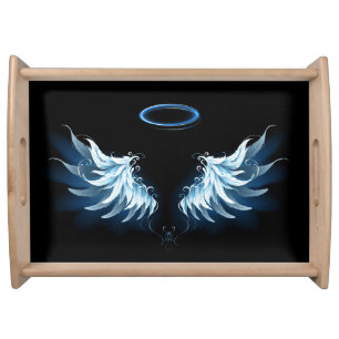 Blue Glowing Angel Wings on black background Serving Tray