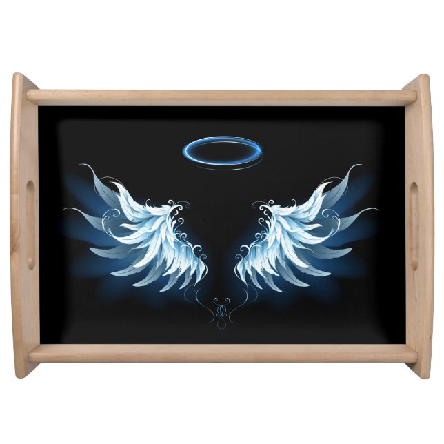 Blue Glowing Angel Wings on black background Serving Tray (Front)