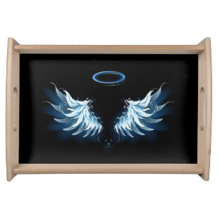 Blue Glowing Angel Wings on black background Serving Tray