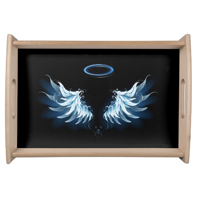 Blue Glowing Angel Wings on black background Serving Tray (Front)