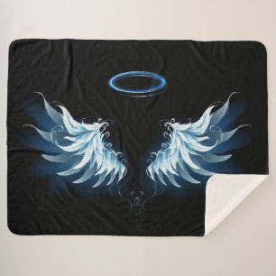 Blue Glowing Angel Wings on black background Sherpa Blanket