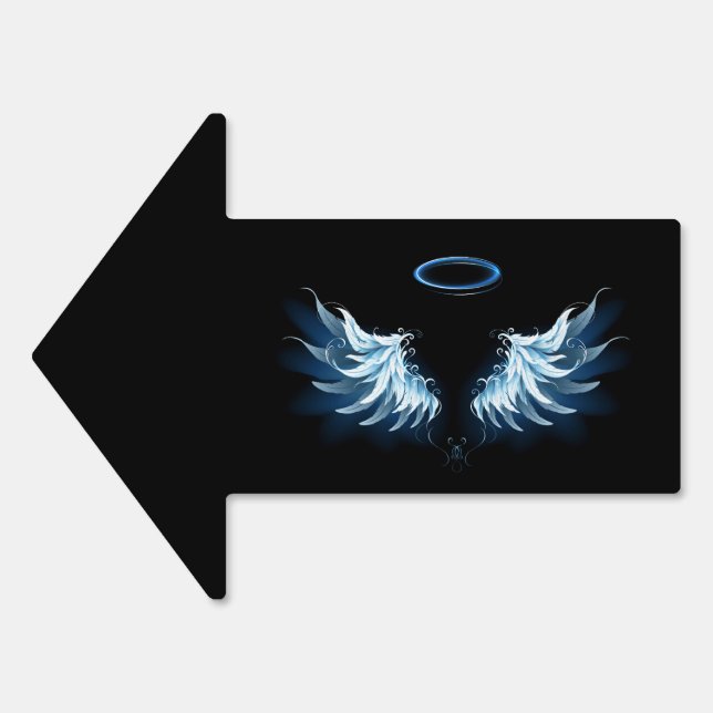 Blue Glowing Angel Wings on black background Sign (Front)