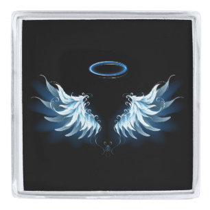 Blue Glowing Angel Wings on black background Silver Finish Lapel Pin