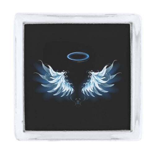 Blue Glowing Angel Wings on black background Silver Finish Lapel Pin