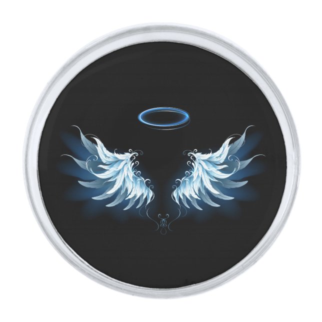 Blue Glowing Angel Wings on black background Silver Finish Lapel Pin (Front)