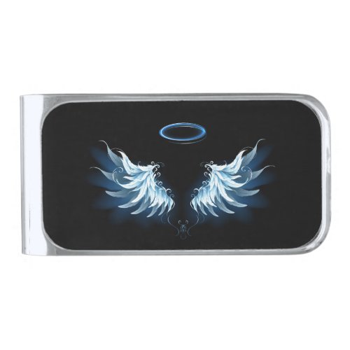 Blue Glowing Angel Wings on black background Silver Finish Money Clip