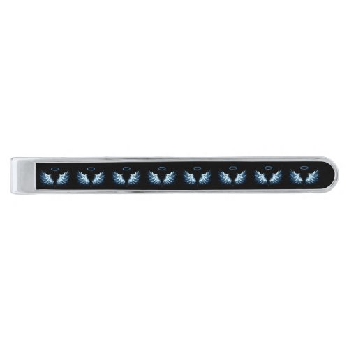 Blue Glowing Angel Wings on black background Silver Finish Tie Bar