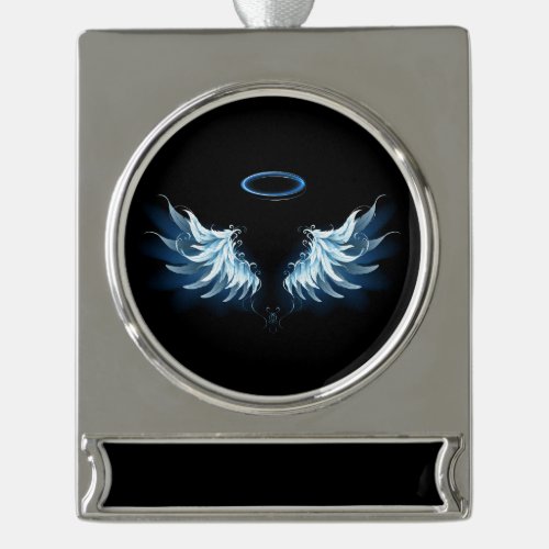 Blue Glowing Angel Wings on black background Silver Plated Banner Ornament