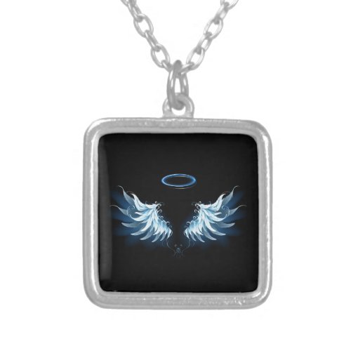 Blue Glowing Angel Wings on black background Silver Plated Necklace