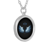 Blue Glowing Angel Wings on black background Silver Plated