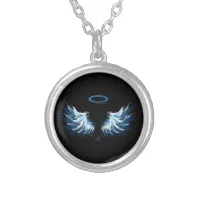 Blue Glowing Angel Wings on black background Silver Plated