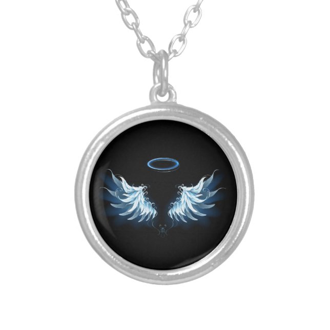 Blue Glowing Angel Wings on black background Silver Plated Necklace (Front)